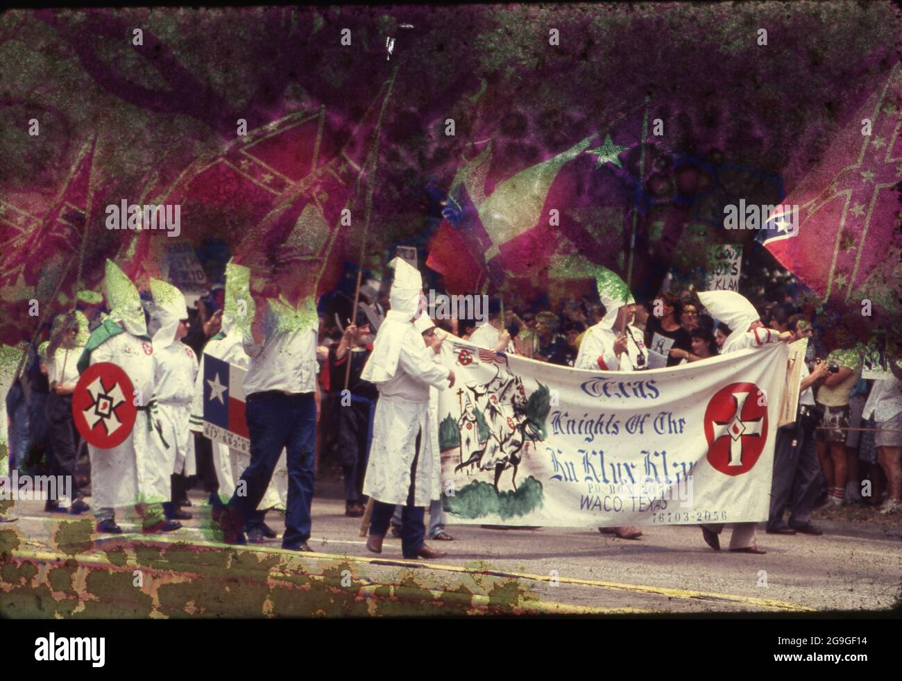 Houston, Texas USA, July 1990: Ku Klux Klan rally in downtown Houston during the G7 Economic Summit at Rice University. ©Bob Daemmrich Stock Photo