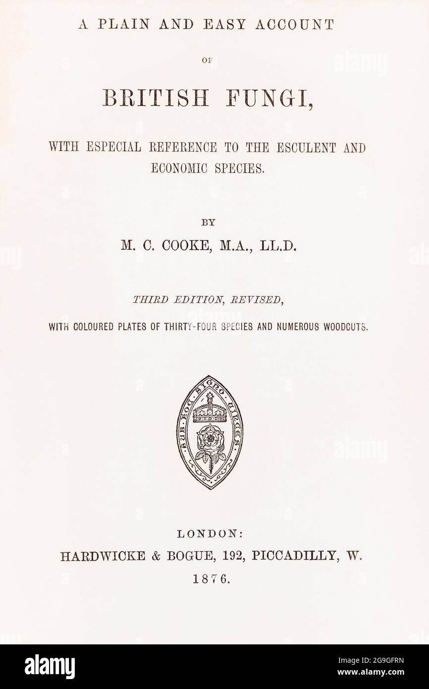 Frontpiece / title page of 'A Plain and Easy Account of British Fungi', a famous book on fungus by Mordecai Cooke, published in Victorian England. Stock Photo