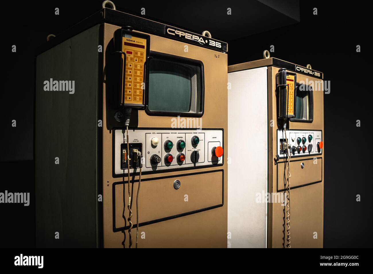 Vintage industrial robot with the Sphere-36 control panel produced by Nokia. Stock Photo