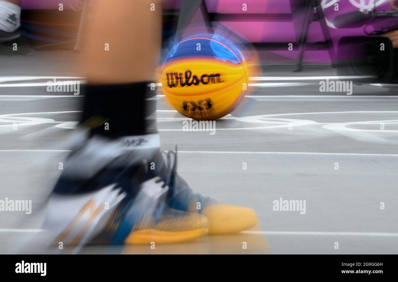 Tokyo, Japan. 26th July, 2021. Basketball and shoes, blurred, feature,  symbol photo, border motif, Romania (ROU) versus Russian Olympic Comwithtee  ROC 12:21 3 x 3 women's basketball, women's pool round, Aomi Urban