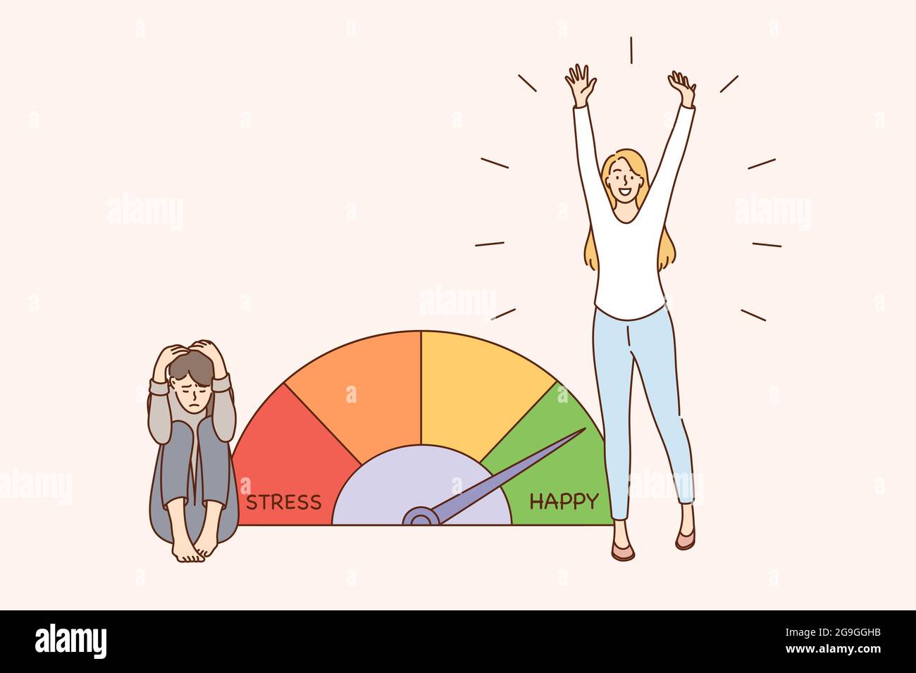 Stress and exhaustion overload concept. Stress levels reduced through concept of problem solving female character enjoying life and feeling totally tired vector illustration  Stock Vector