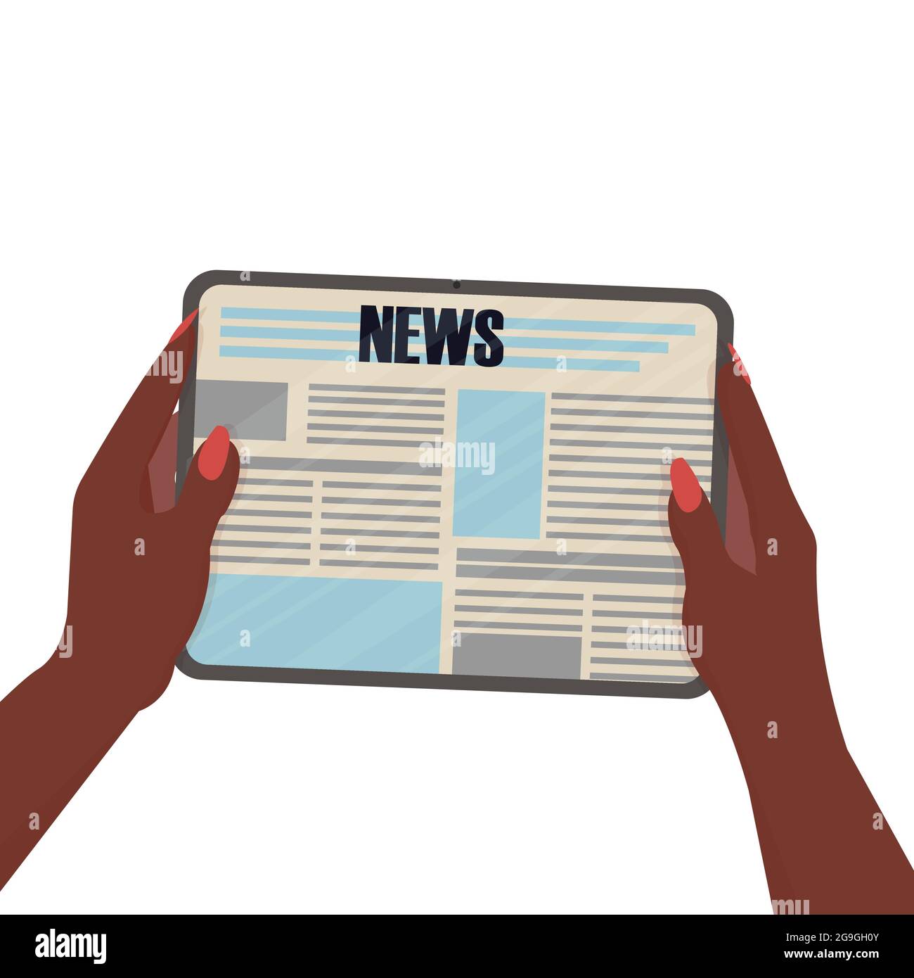 African American women hands holding digital tablet with Newspaper isolated on white background. Reading periodic ibn cyberspace, online. Vector illustration Stock Vector