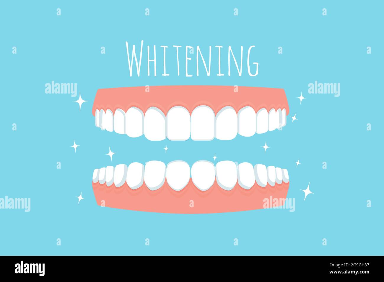 Teeth with gum, text Whitening isolated on white background. Dental care, stomatology concept in flat style. Vector illustration Stock Vector