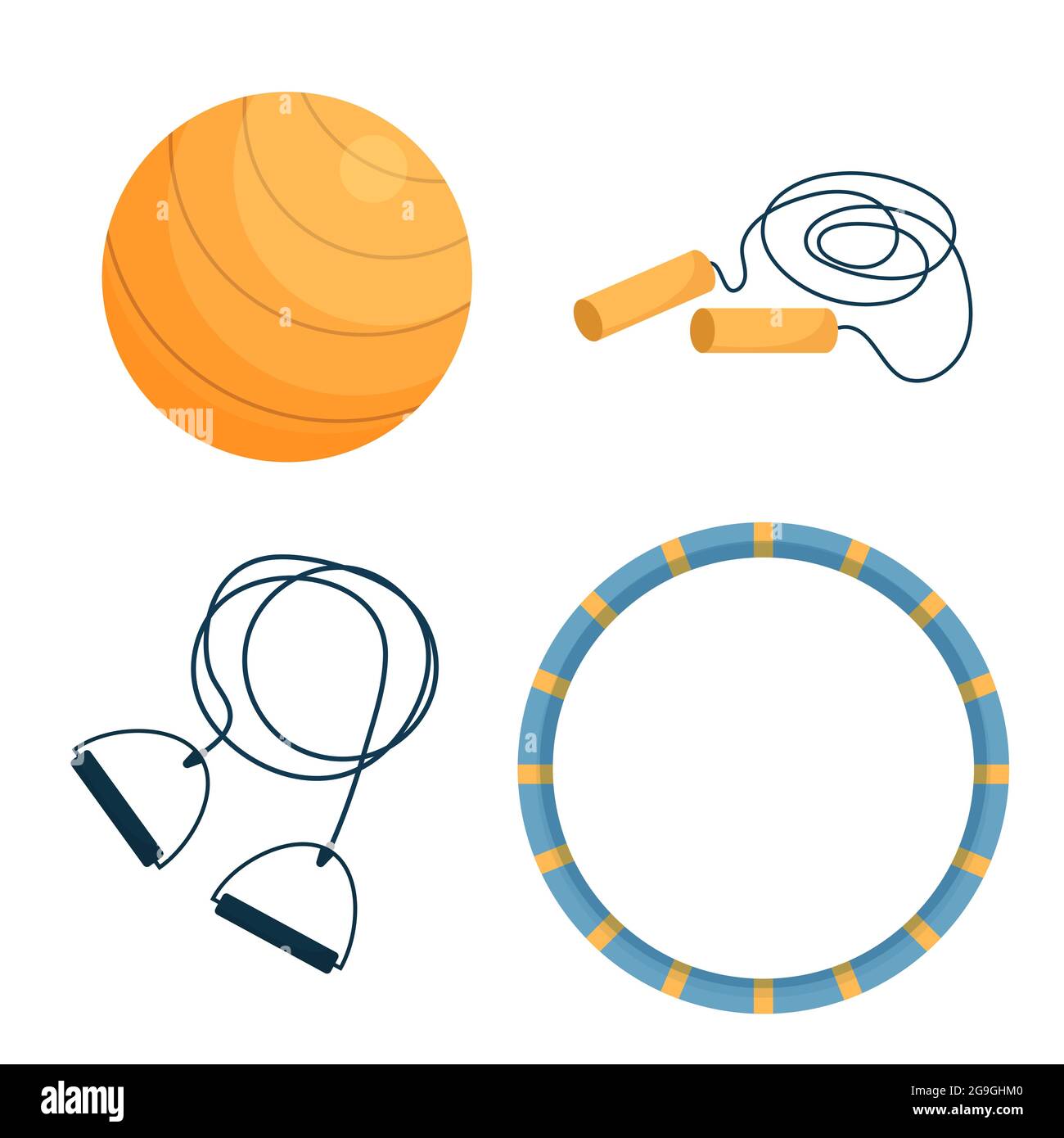 Set workout, training objects fitness ball, expander, skipping rope and hula hoop isolated on white background. Equipment for wellness and healthy lifestyle. Vector illustration Stock Vector