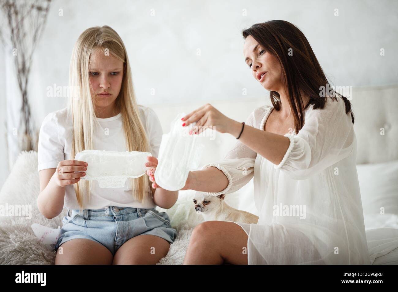 Woman hygene concept. Periods. Menstrual cycle. Mother explains