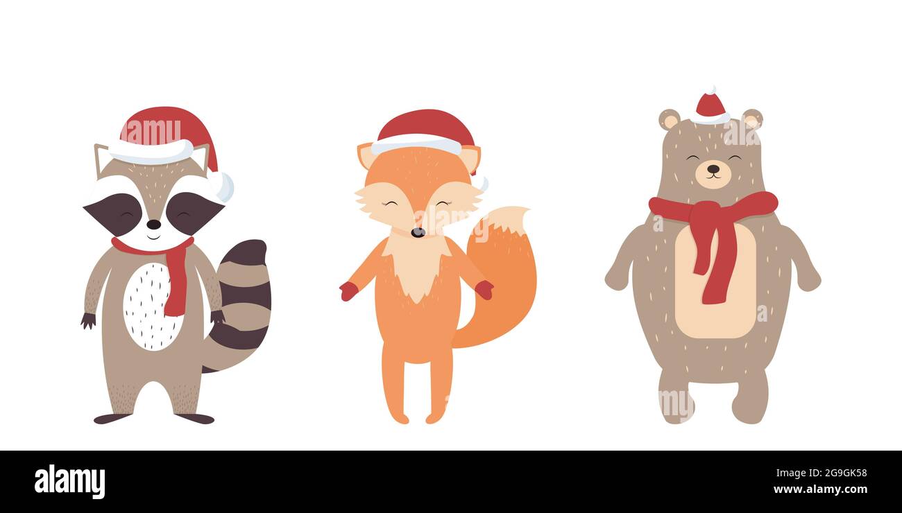 Set of cute Scandinavian animals fox, racoon, bear in Christmas hats and scarves isolated on white background. Stylish holiday decorations. Vector illustration Stock Vector