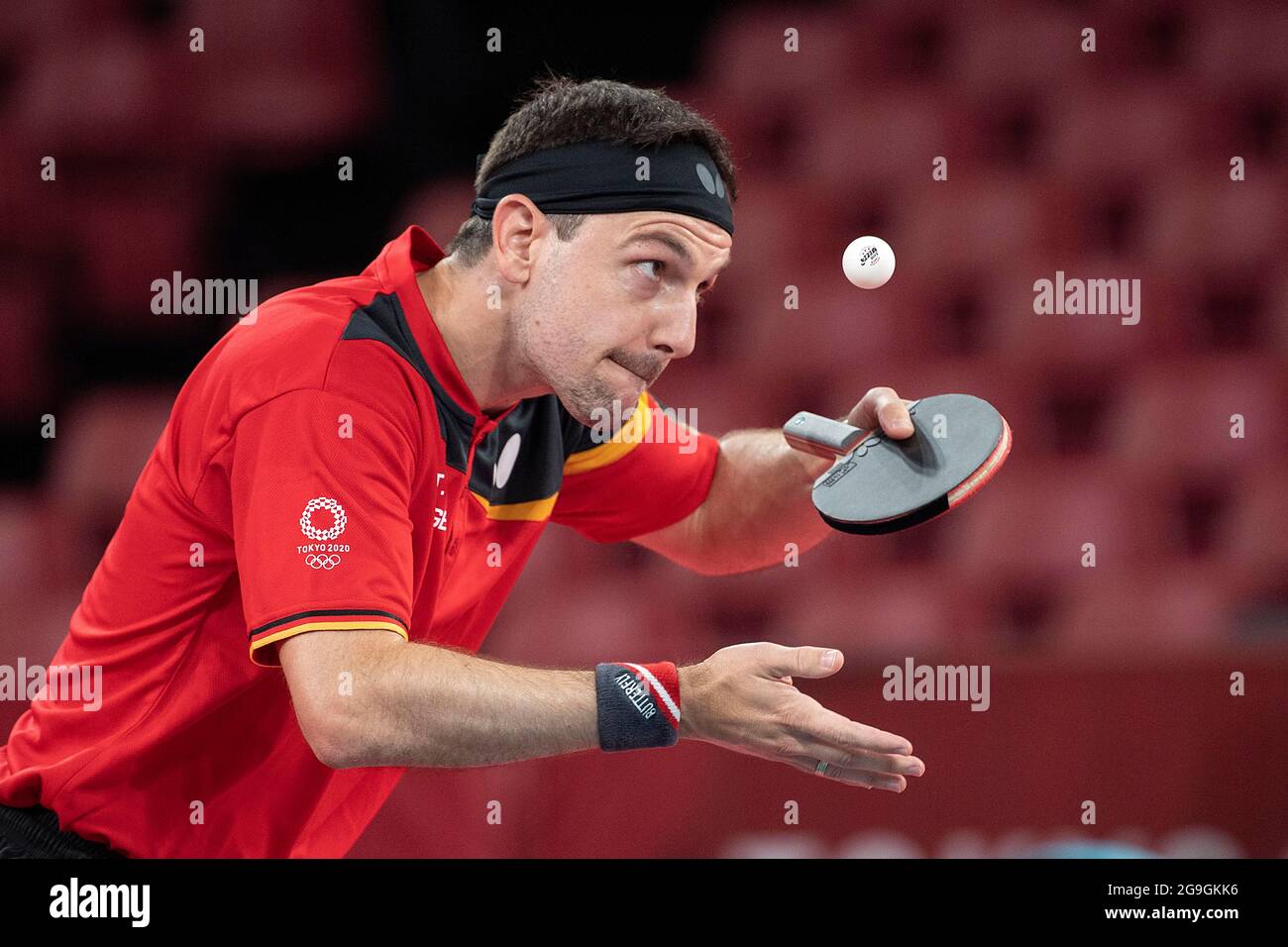 Timo BOLL (GER) in action, in the game versus Kirill Gerassimenko (KAZ, not  in the picture); Winner: Timo Boll; Table tennis, singles, men on July  26th, 2021; Olympic Summer Games 2020, from