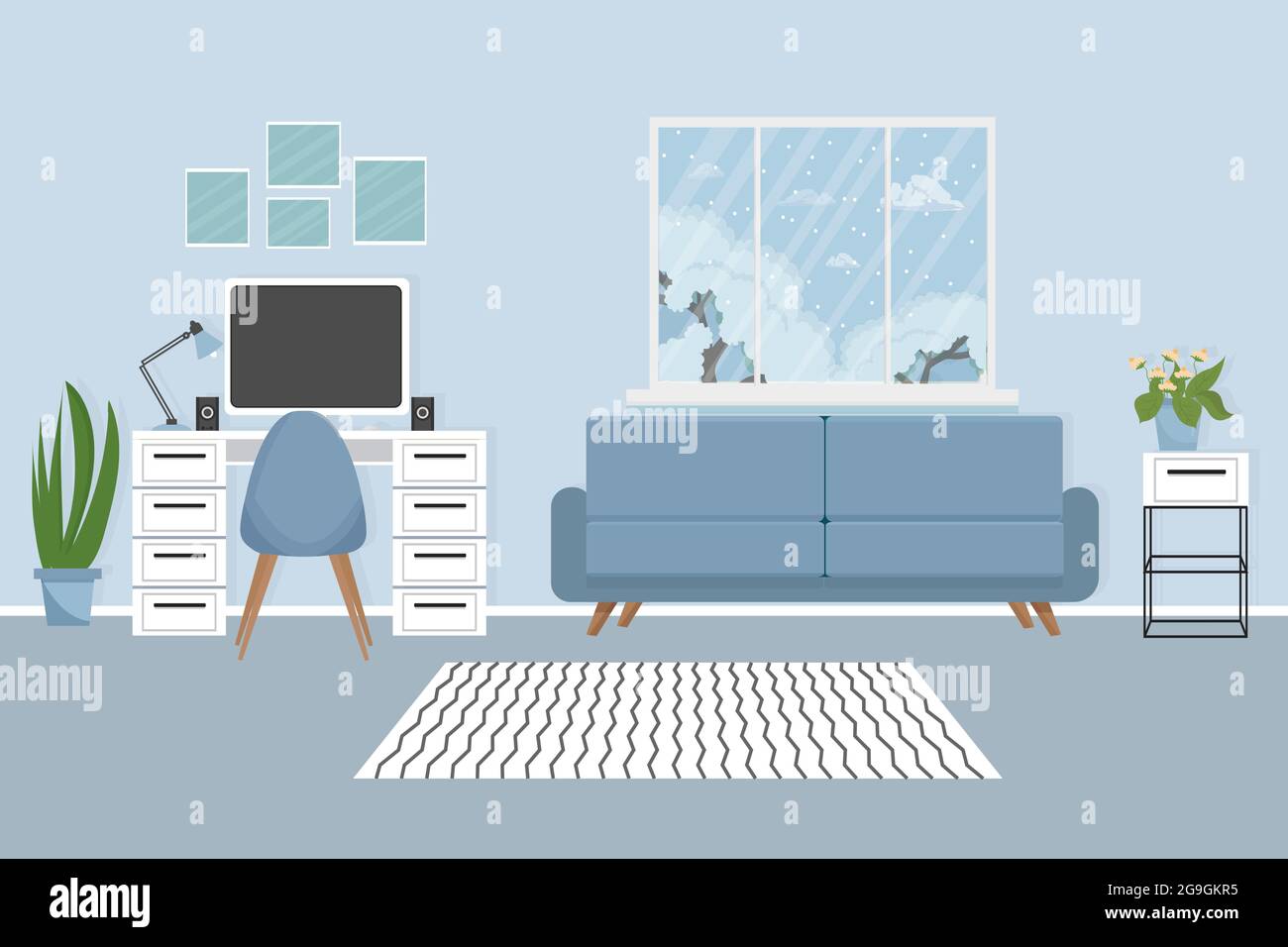 Modern interior in elegant colours with workplace, computer, lamp, cozy sofa, chair, plants and window stock vector illustration. Empty room for your design. Cabinet Stock Vector