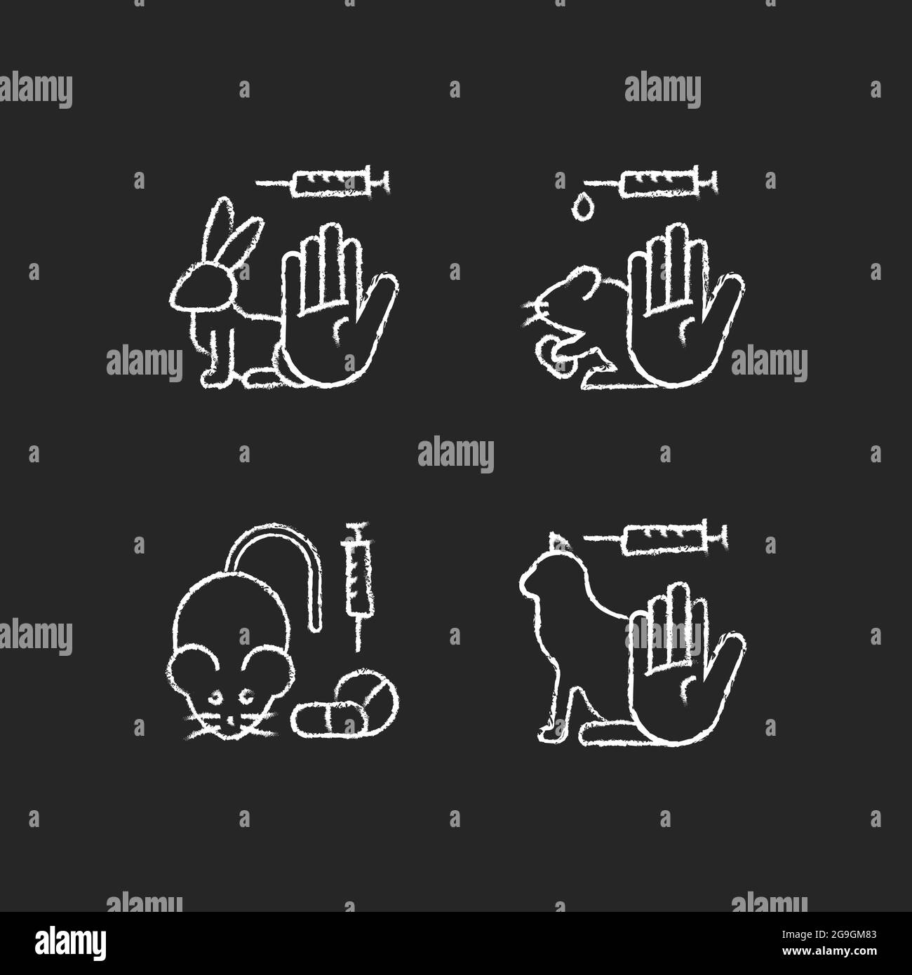 No animal cruelty chalk white icons set on dark background Stock Vector