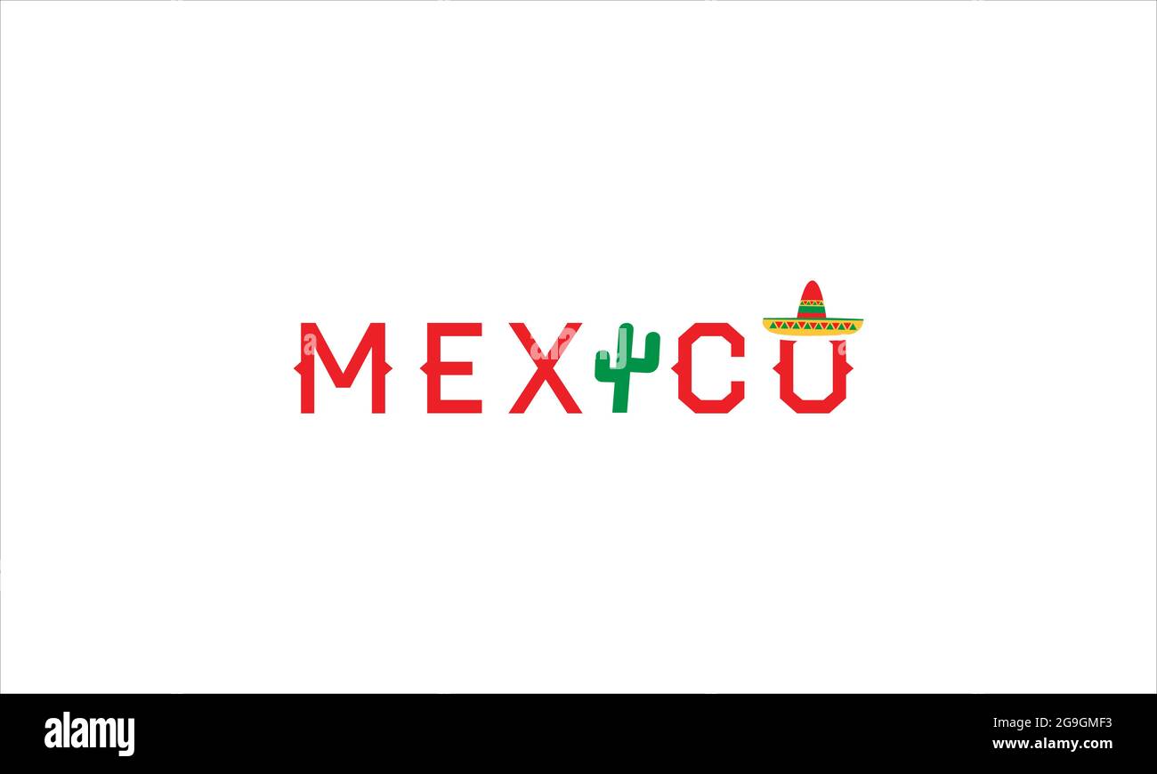 Mexico. Name country word text card with cactus plant and traditional