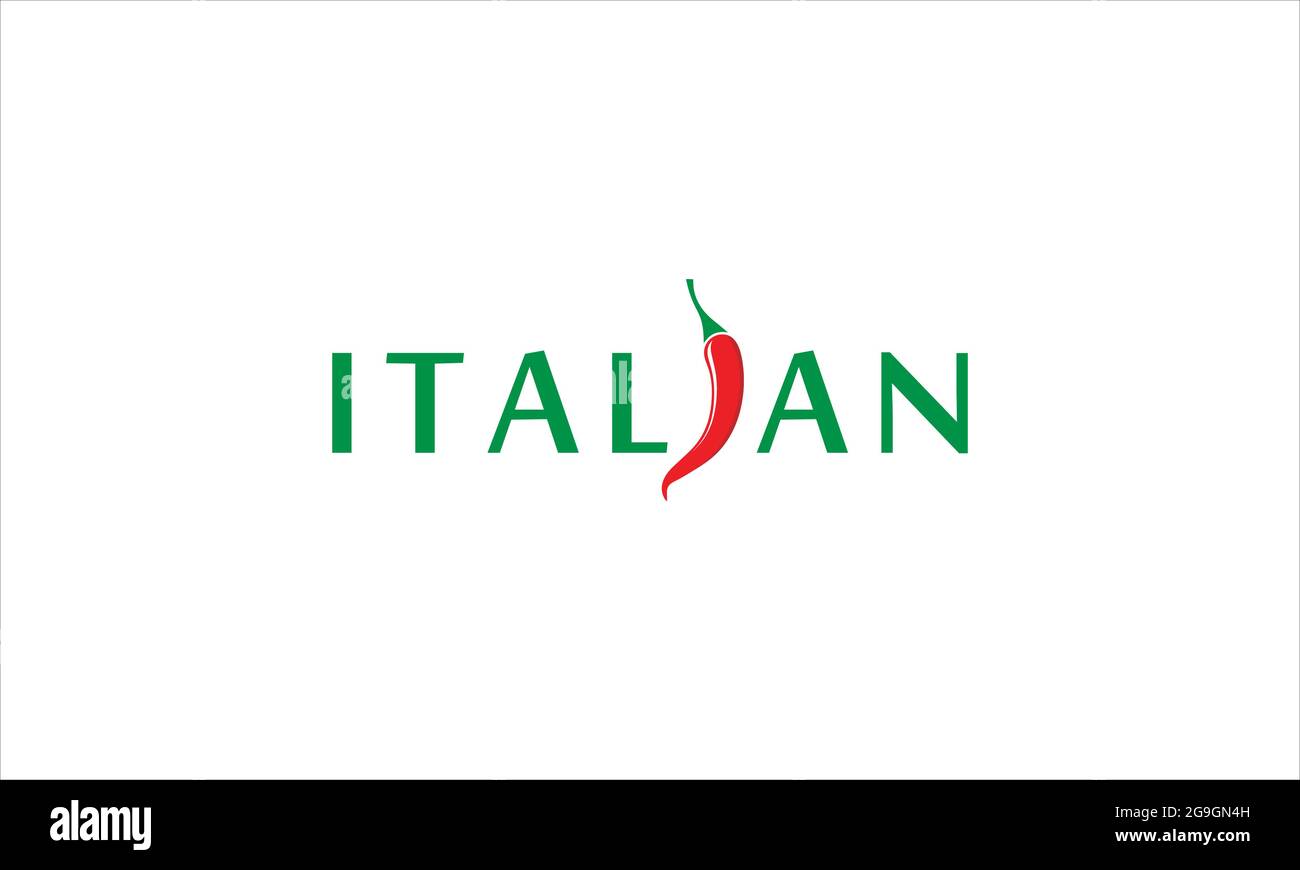 green Italian  typographic logo with   red pepper chilli  vector design illustration symbol Stock Vector