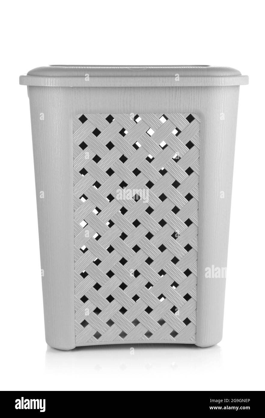 Beige laundry basket isolated on white Stock Photo Alamy