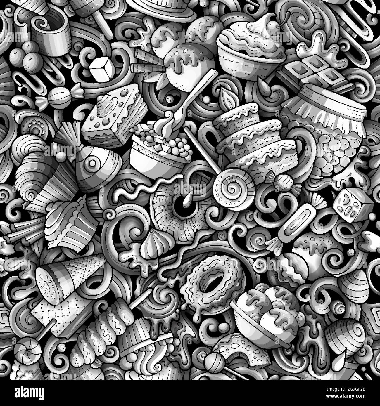 Cartoon doodles Desserts seamless pattern. Stock Vector
