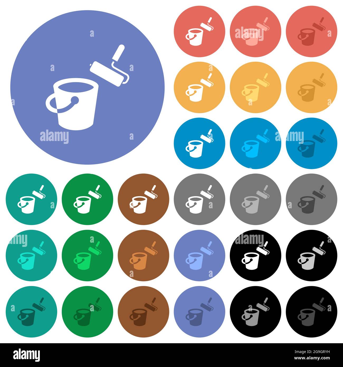 Paint bucket and paint roller multi colored flat icons on round ...