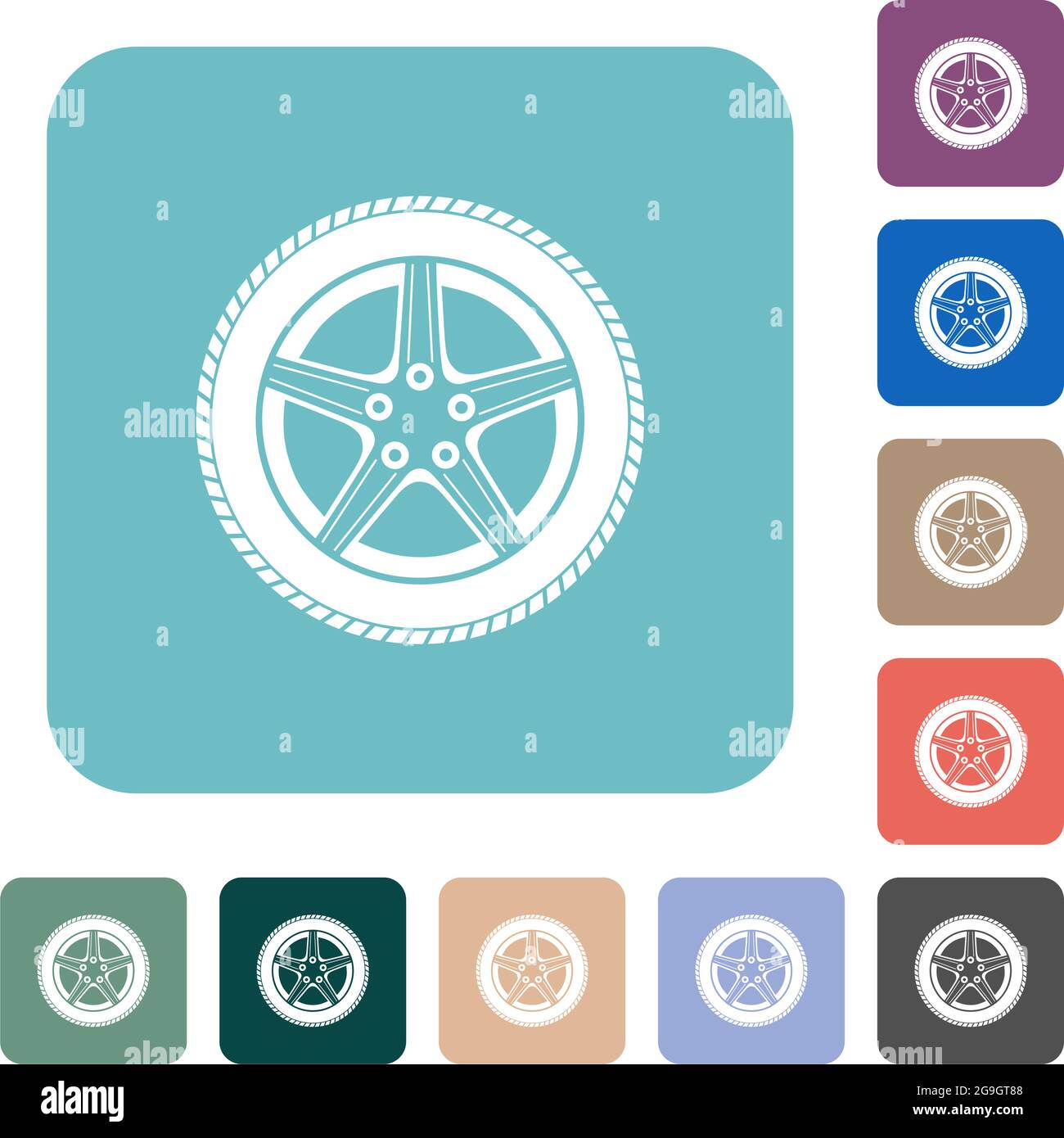 Car wheel white flat icons on color rounded square backgrounds Stock ...
