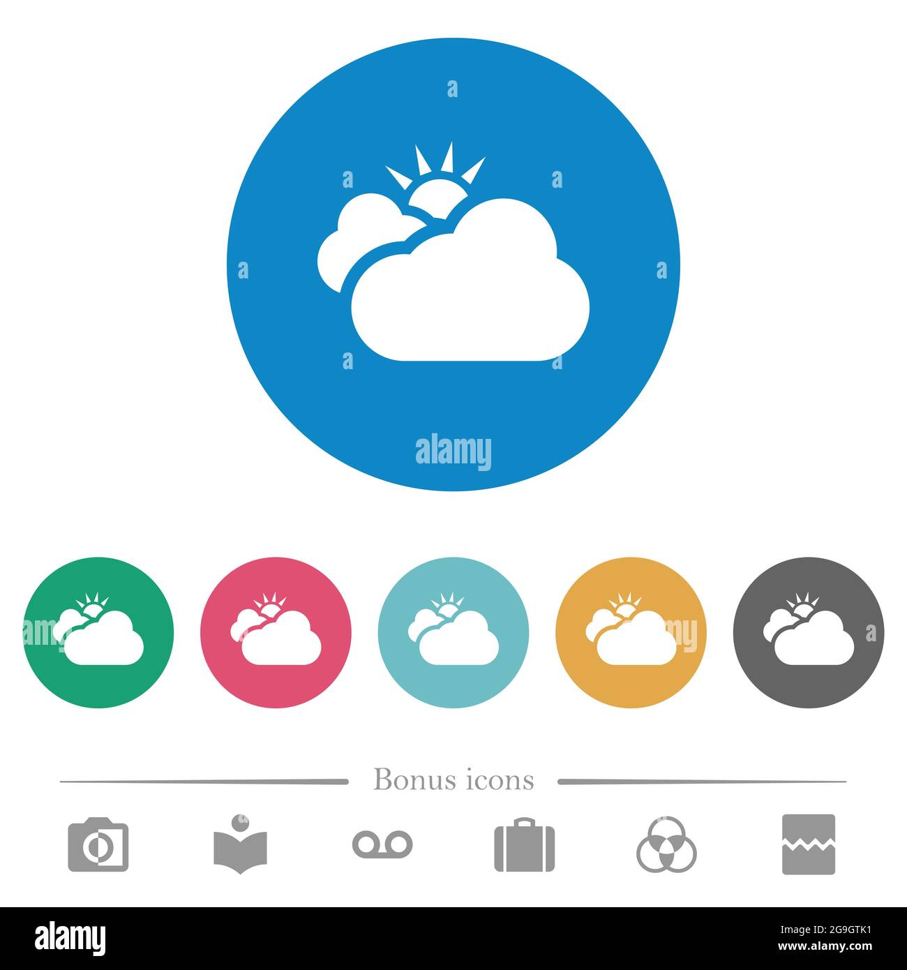 Strongly cloudy weather flat white icons on round color backgrounds. 6 ...