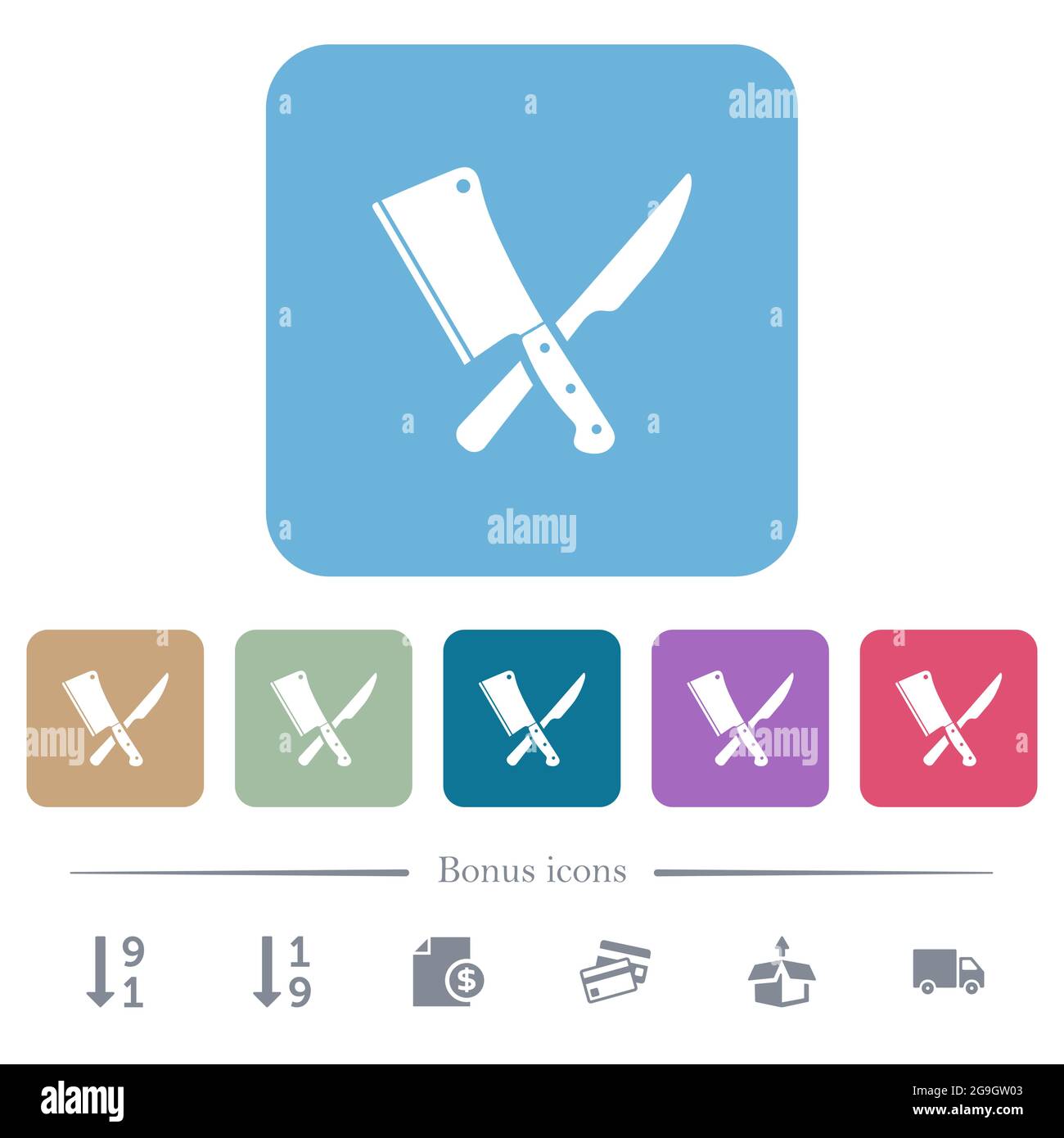 Crossed meat cleaver and knife white flat icons on color rounded square ...