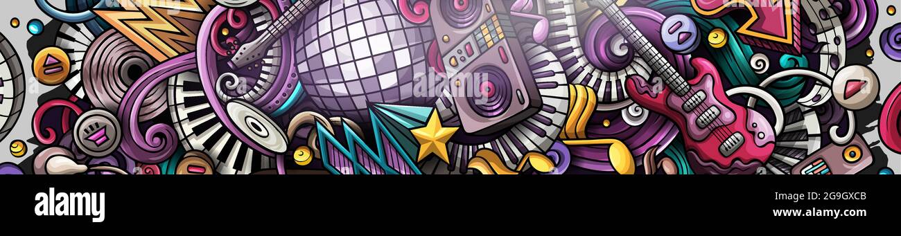 Disco Music hand drawn doodle banner. Cartoon vector detailed flyer ...