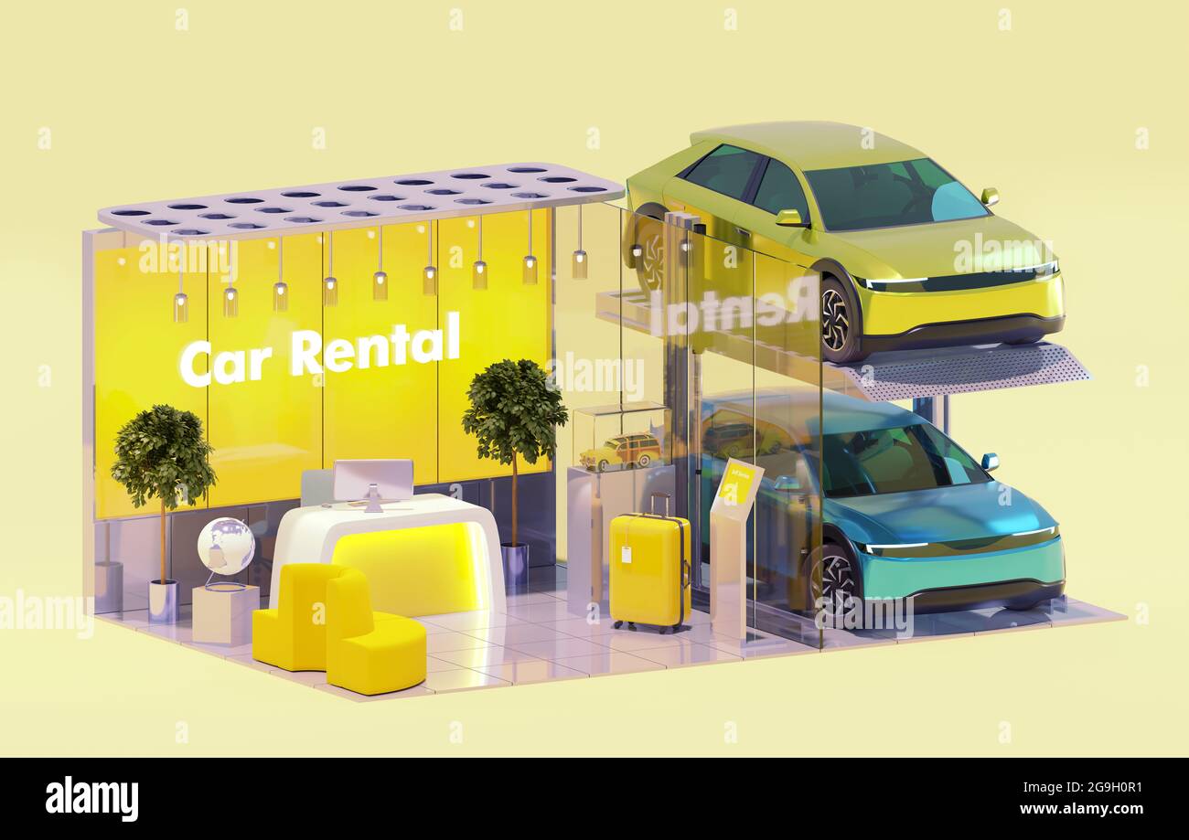 Car rent service office and rental cars. Modern office interior with