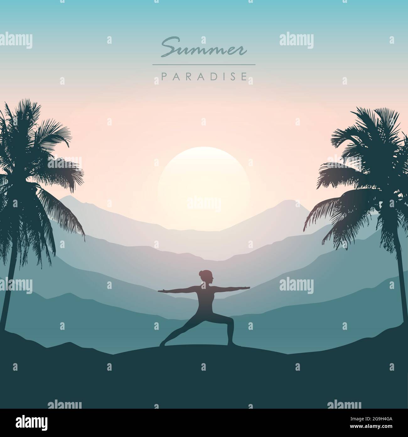 girl doing yoga for body and soul silhouette on tropical palm background Stock Vector