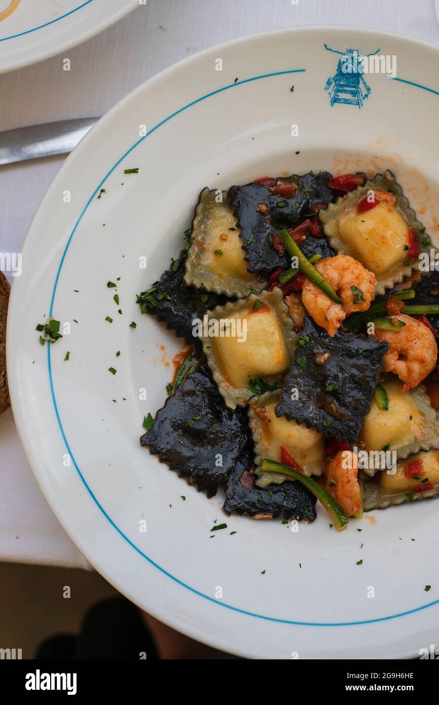 Ravioli stuffed with fish and prawns.Typical Ligurian food, Cinque