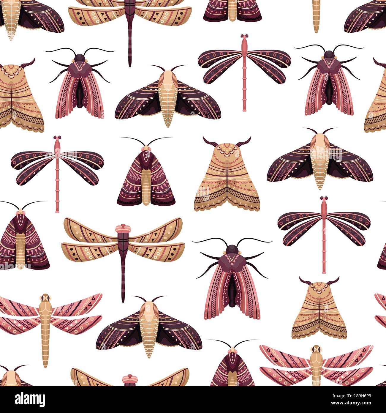 Vector seamless pattern with boho moths and dragonflies. Stock Vector