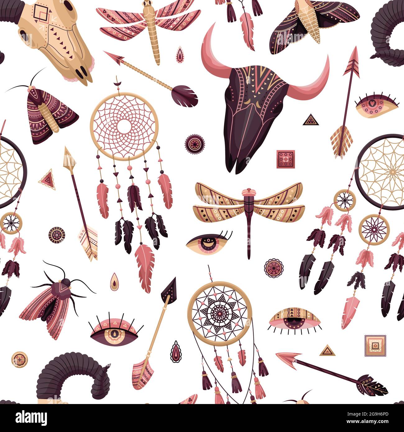 Vector seamless pattern with boho illustrations. Bohemian background in the flat style. Stock Vector