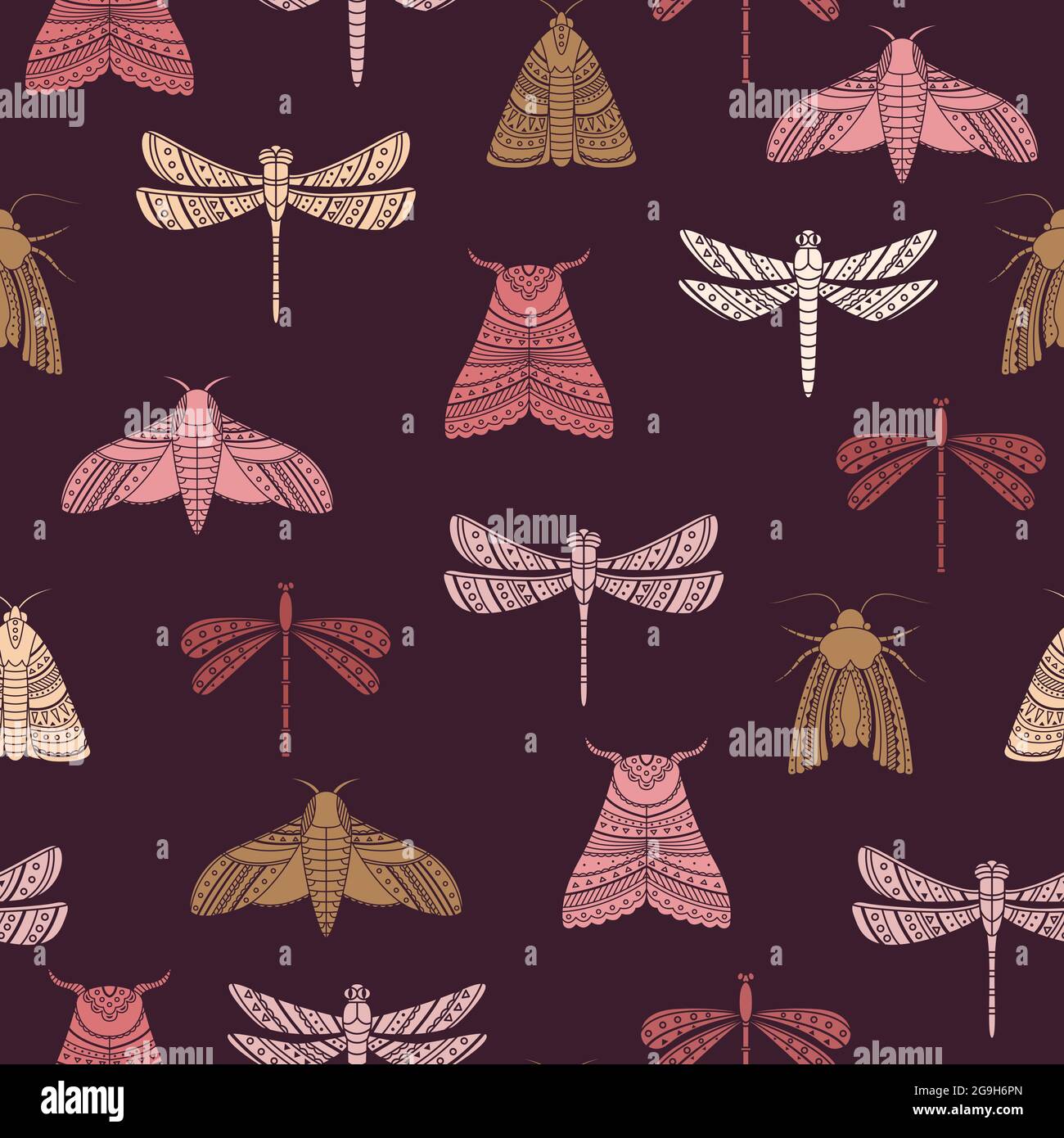 Vector seamless pattern with moths and dragonflies. Boho style background. Stock Vector