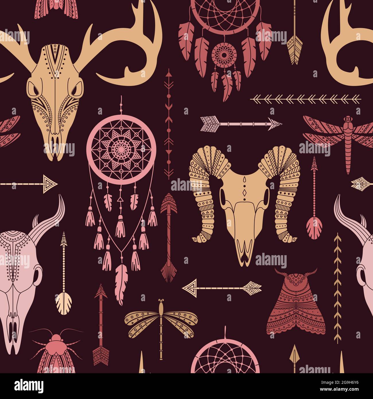 Vector seamless pattern with boho illustrations. Bohemian background in the simple style. Stock Vector