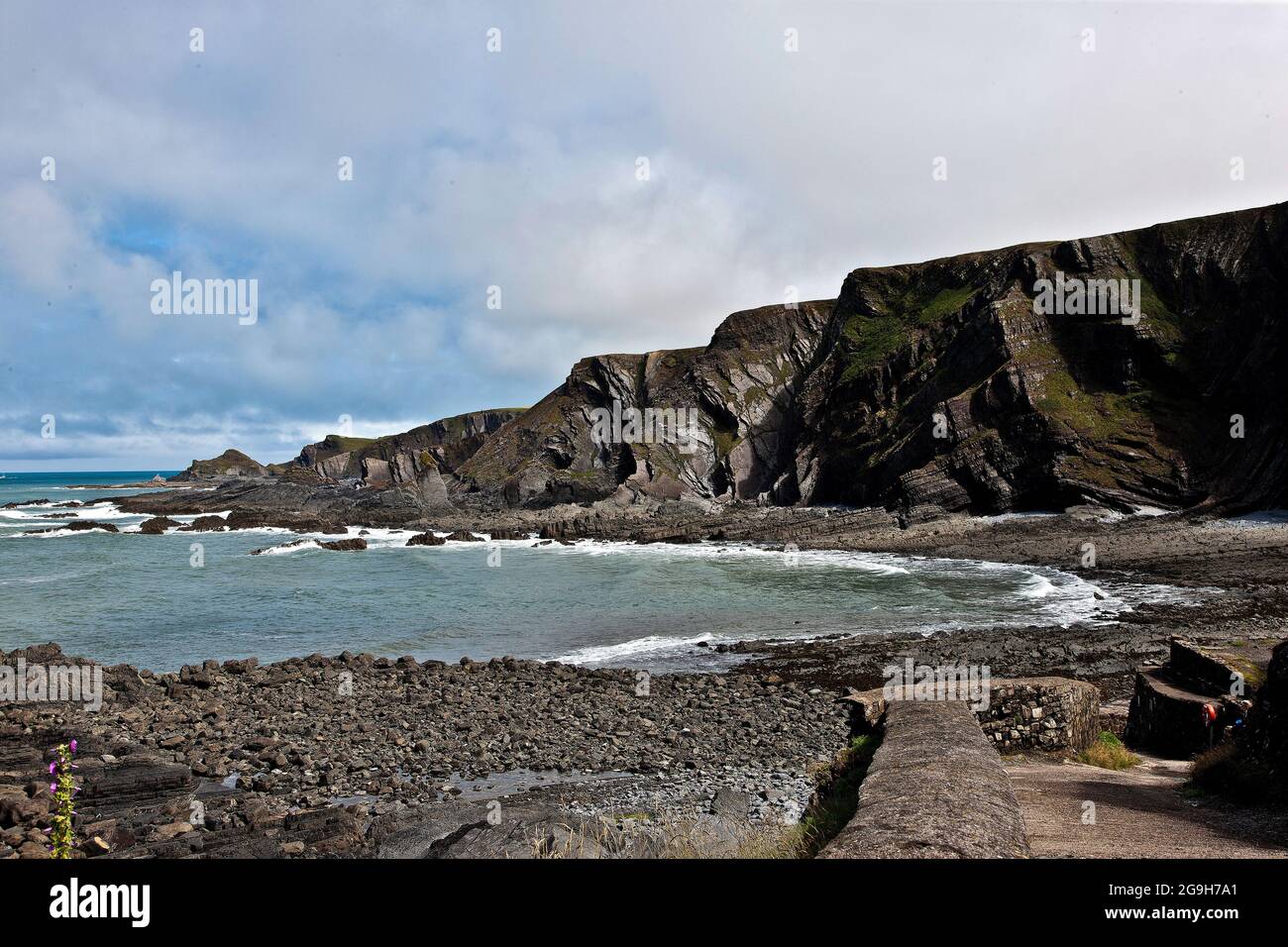 Hartland Quay located in North Devon near to the border with Cornwall.The spectacular Cliffs and Rugged rocks provide stunning views of the coastline. Stock Photo