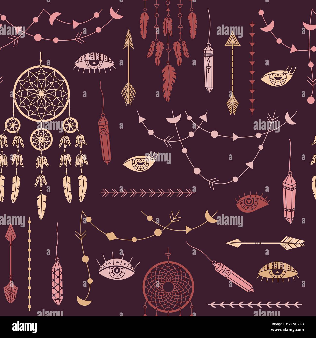 Vector Seamless Pattern With Boho Illustrations Bohemian Background In The Simple Style Stock