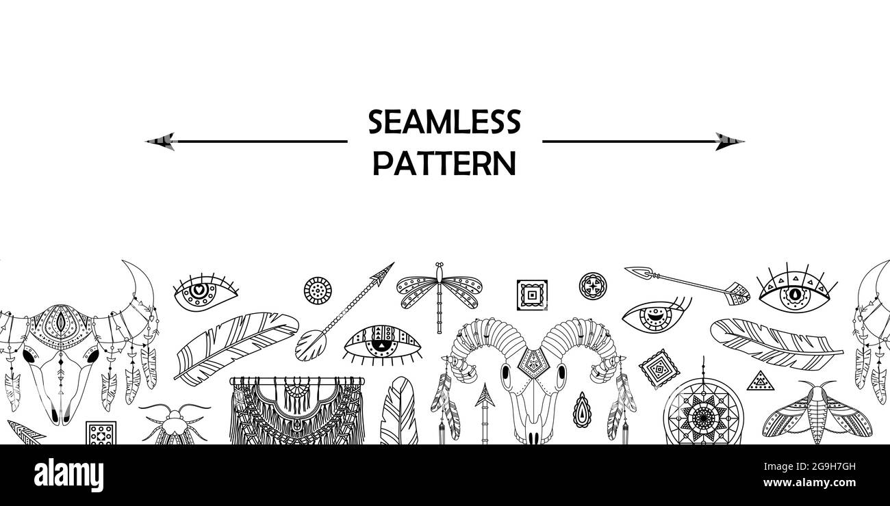 Horizontal vector seamless pattern with boho elements. Stock Vector