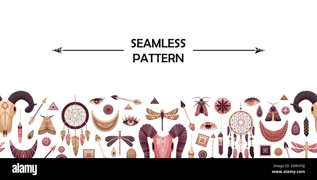 Horizontal vector seamless pattern with boho elements. Stock Vector