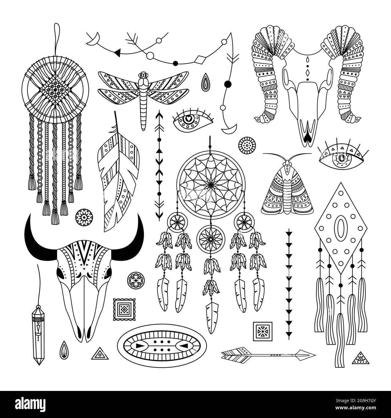 Vector set of boho illustrations. Line art. Dreamcathers, animal skull, feathers and arrows Stock Vector