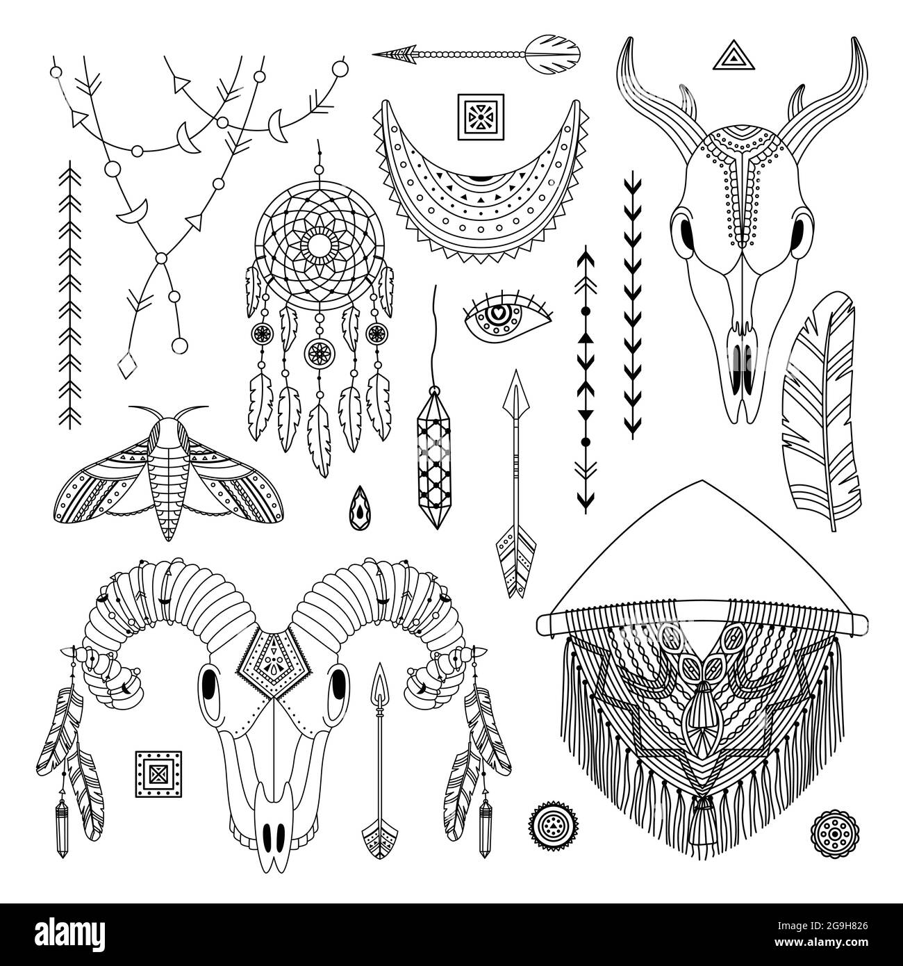 Vector set of boho illustrations. Line art. Dreamcathers, animal skull, feathers and arrows Stock Vector