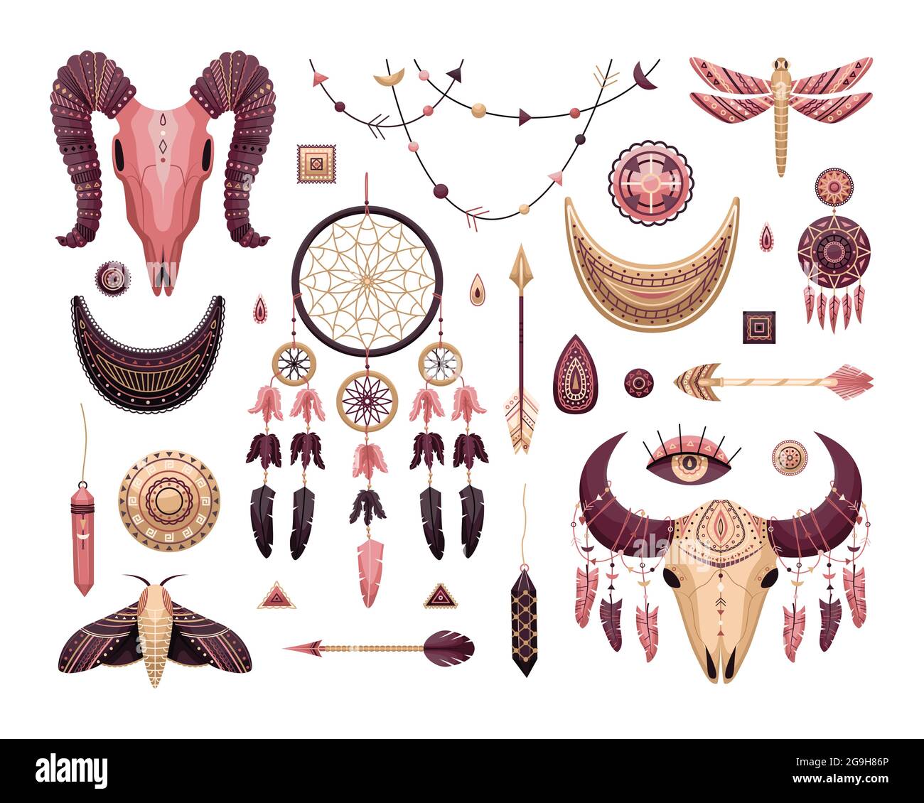 Vector set of boho illustrations. Flat style. Dreamcathers, animal skull, feathers and arrows Stock Vector