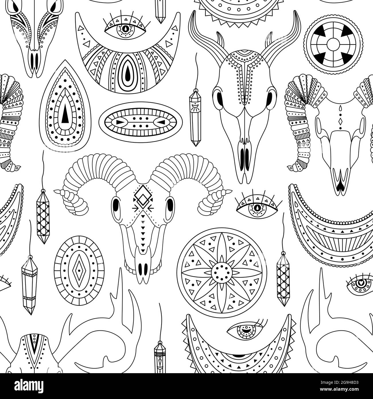 Vector seamless pattern with boho illustrations. Bohemian background. Line art, outlines. Stock Vector