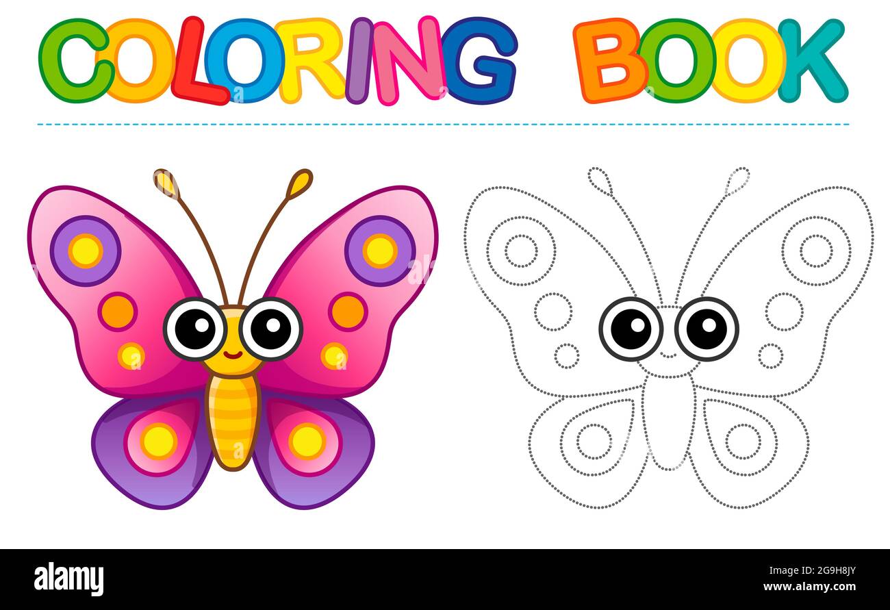 Coloring page funny smiling butterfly insect. Educational tracing ...