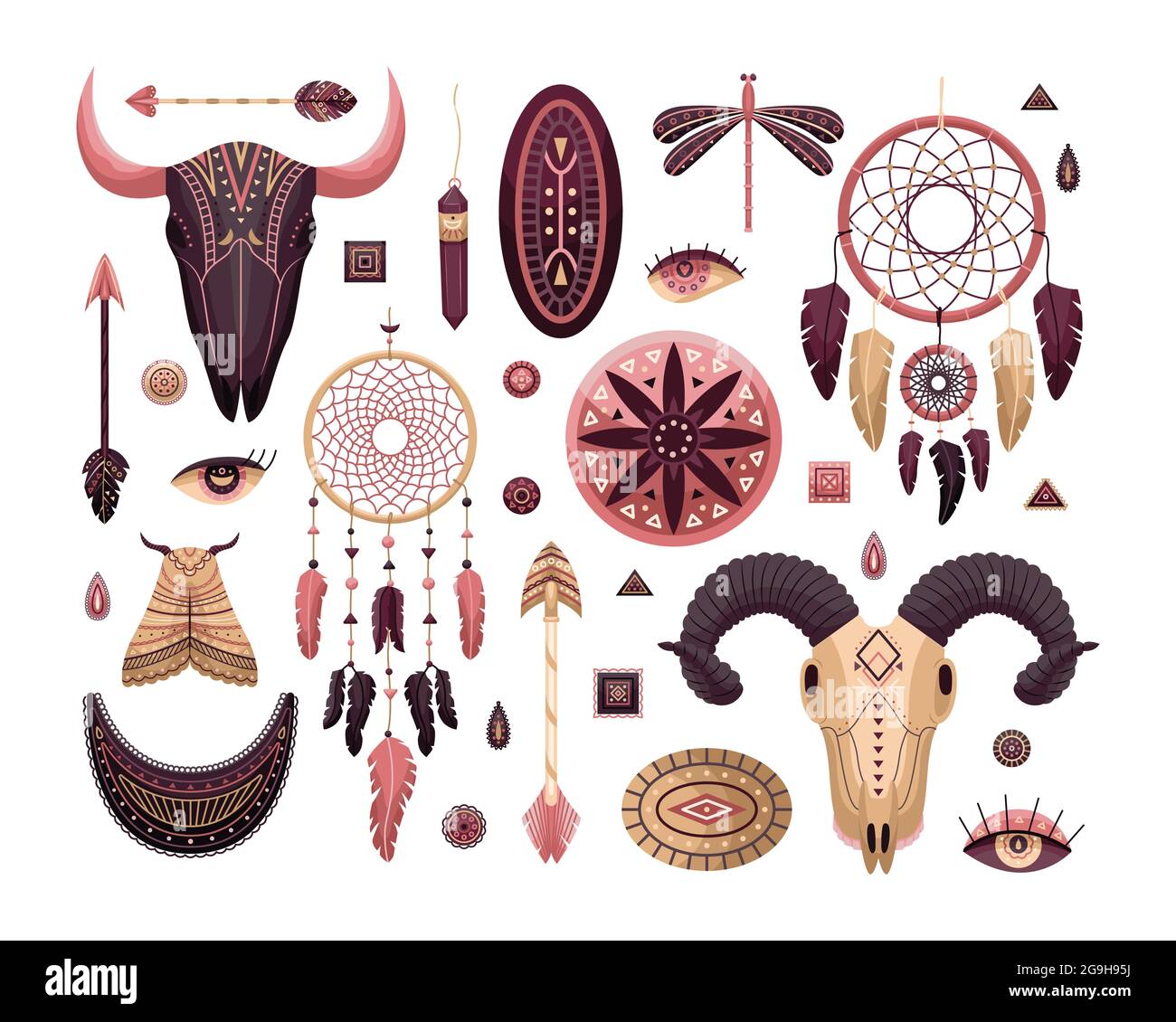 Vector set of boho illustrations. Flat style. Dreamcathers, animal skull, feathers and arrows Stock Vector