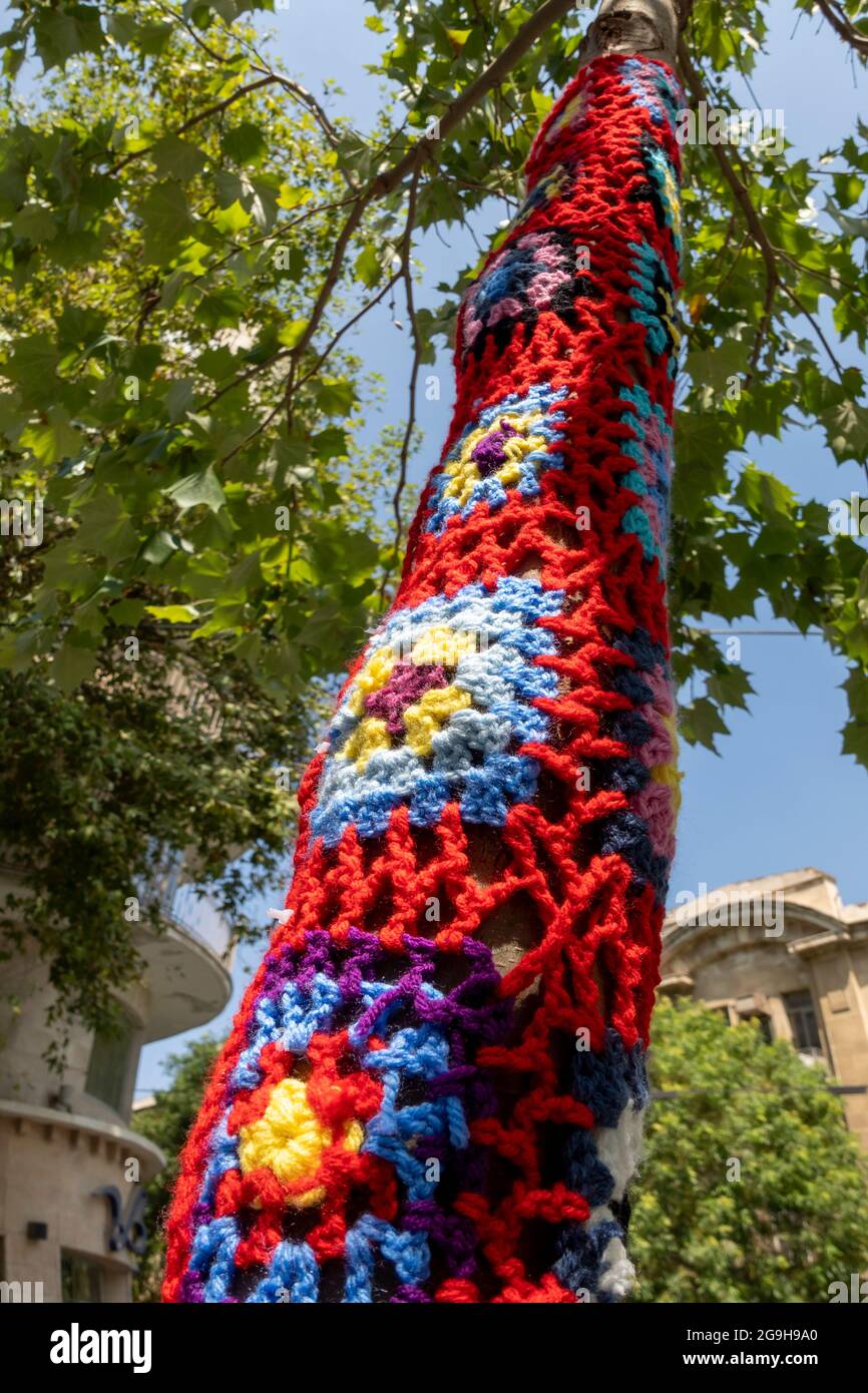 Colourful knitted and crocheted yarns wrap a trunk of a "Yarn Bombed