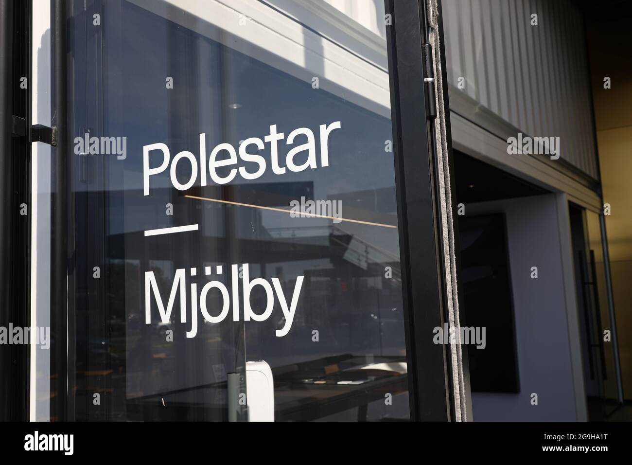 During July, August and September, Volvo Cars and the sister brand Polestar will offer free fast charging for all electric cars in Mjölby. A Polestar sign at the area. Stock Photo