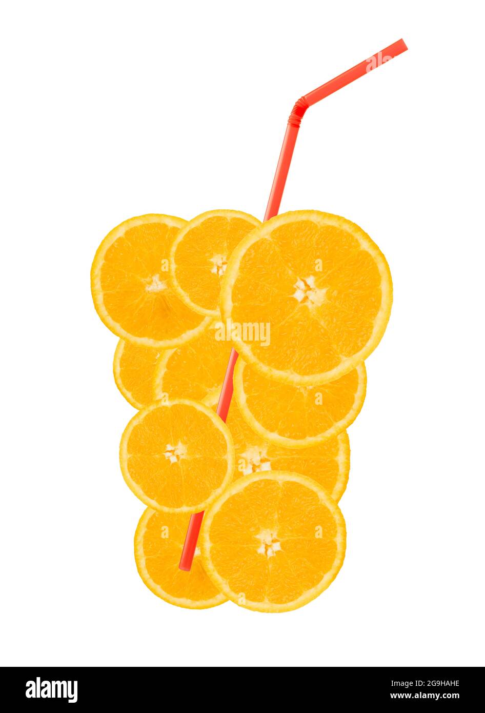Orange slices in glass shape with straw on white background Stock Photo