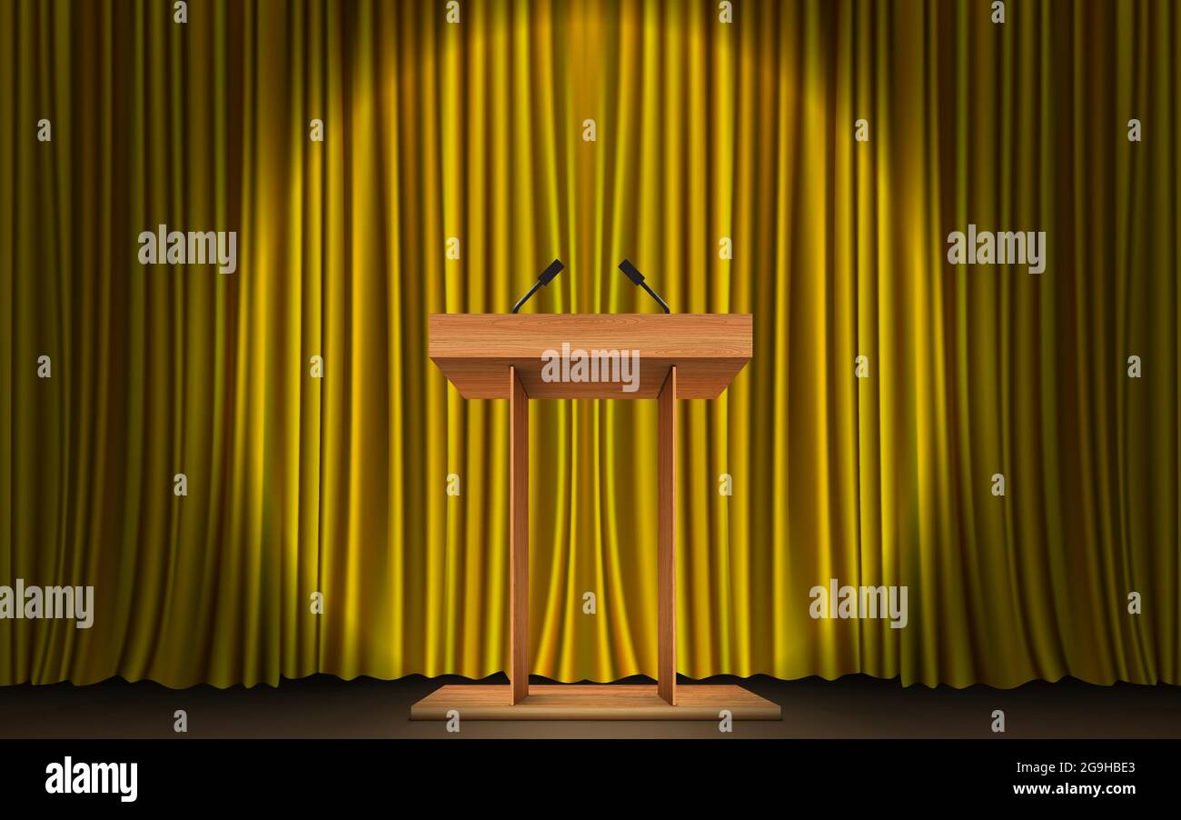 wooden announcement podium and gold curtain on the stage Stock Vector ...