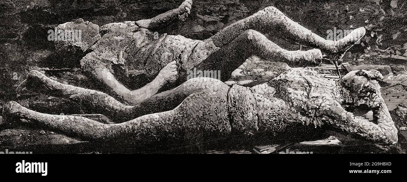 Casts of bodies found during excavations at Pompeii, Italy.  After a drawing in an 1893 edition of L'illustration.  The city was buried by ash after an eruption of Mt Vesuvius in AD 79.   In 1863 Italian archaeologist Giuseppe Fiorelli was in charge of excavations and he saw that some voids in the ash layer contained human remains. To quote Wikipedia: 'It was Fiorelli who realised these were spaces left by the decomposed bodies and so devised the technique of injecting plaster into them to recreate the forms of Vesuvius's victims. This technique is still in use today, with a clear resin now us Stock Photo