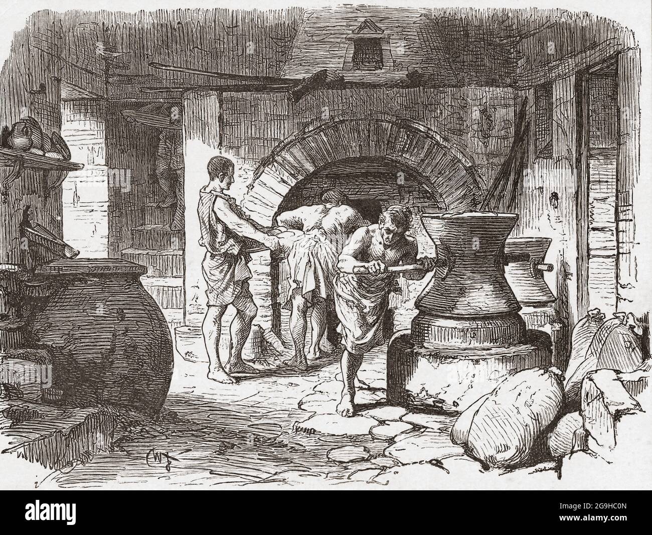 A Roman bakery.  The 19th century drawing is based on excavations made in Pompeii, Italy. Stock Photo