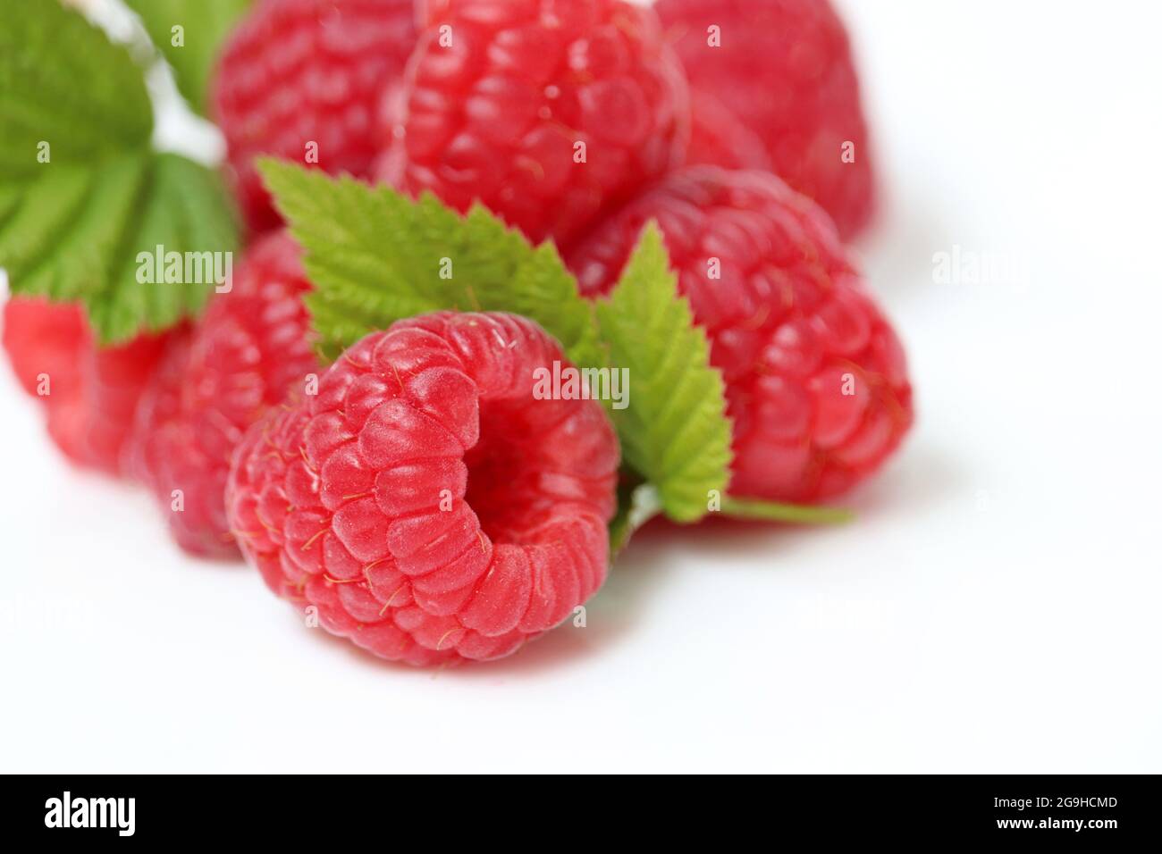 Ripe raspberries with green leaves on white background. Red juicy berries close up, summer crop Stock Photo