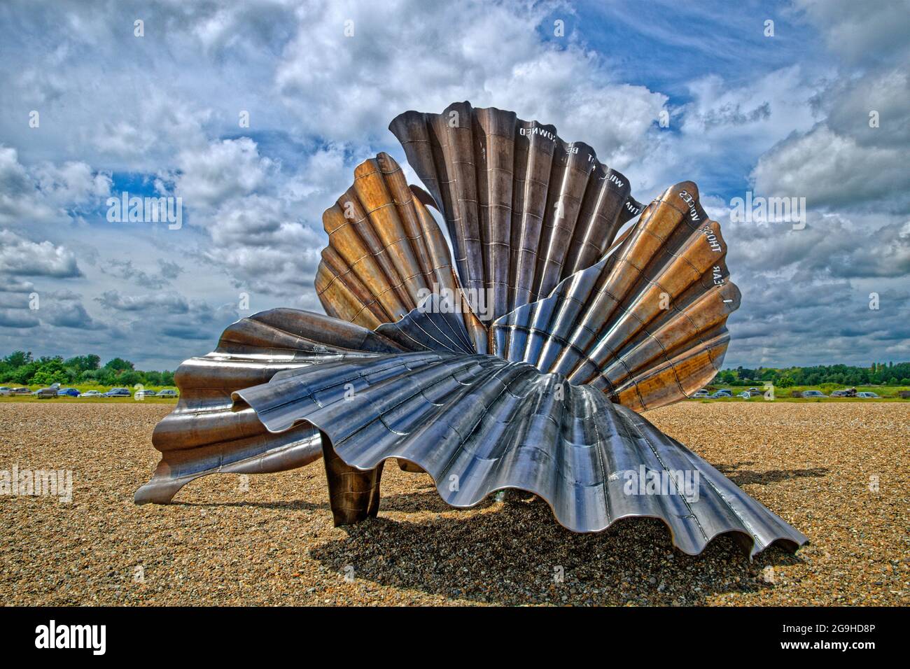 The Benjamin Britten Scallop Shell tribute memorial on the beach at Aldeburgh, Suffolk, England. Stock Photo
