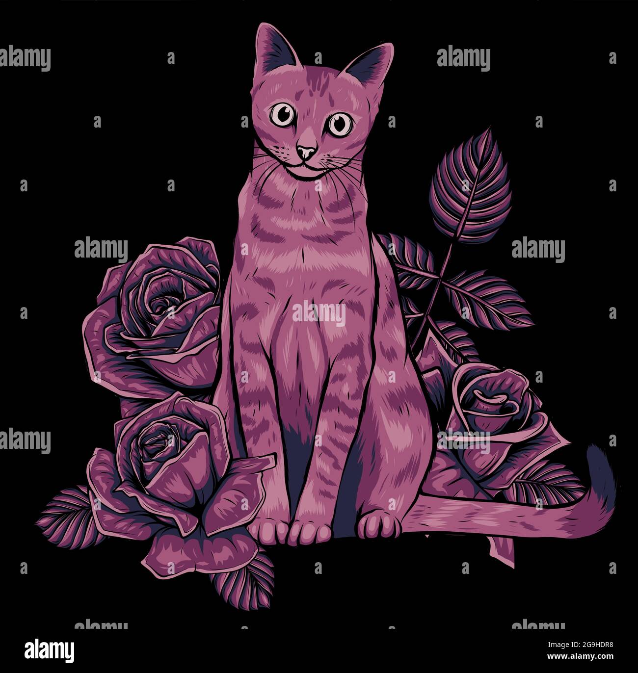 cat and roses on black background vector illiustration Stock Vector