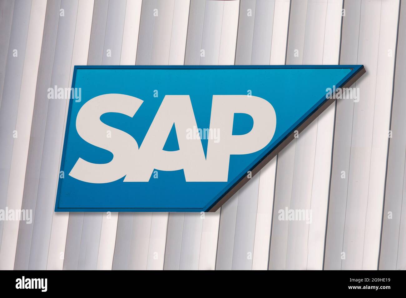 SAP trademark logo on metal wall of modern building. SAP SE is a German multinational software corporation that develops enterprise software. Copenhag Stock Photo