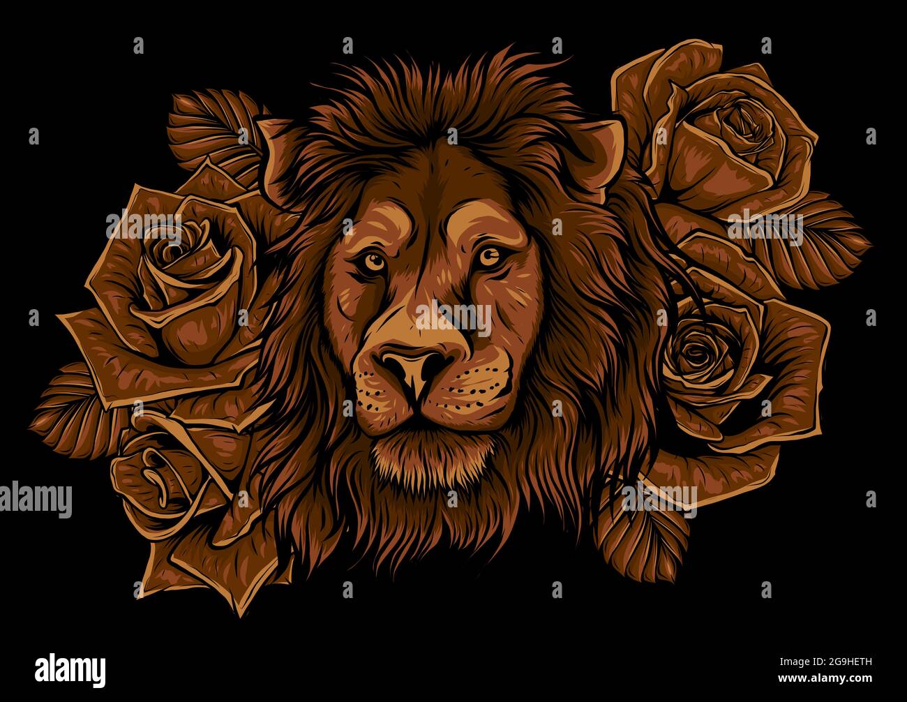 Lion with roses on black background. Vector illustration Stock Vector